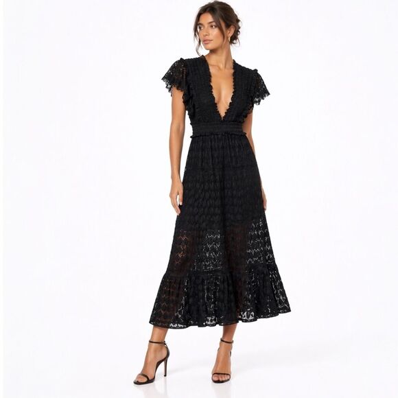 Dresses & Skirts - Waimari Florence Crochet Lace Maxi Dress Womens XS Black V Neck Resort Boho Chic